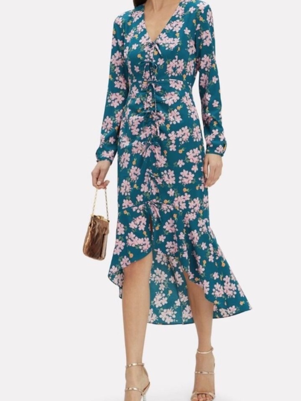Intermix Adrina Silk Floral Midi Dress in Teal Ruffle Bottom Sz 2 Cottagecore